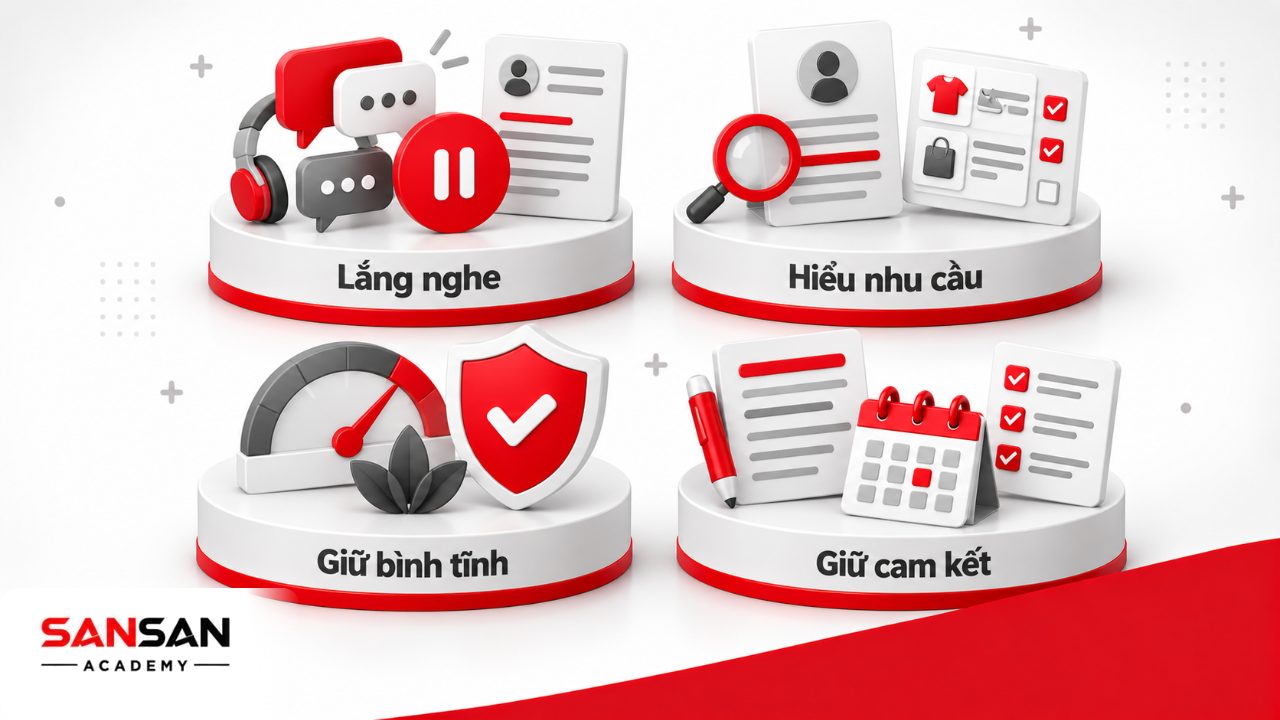 Các nguyên tắc giao tiếp với khách hàng gồm lắng nghe, thấu hiểu nhu cầu, kiểm soát cảm xúc, diễn đạt rõ và giữ cam kết.