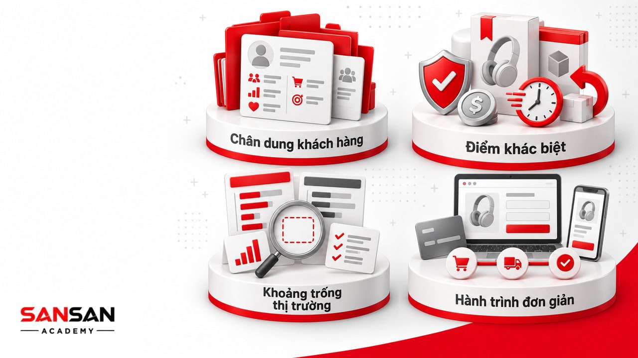 Nguyên tắc thu hút khách hàng gồm hiểu chân dung mục tiêu, xác định điểm khác biệt, nghiên cứu đối thủ và đơn giản hóa hành trình mua.