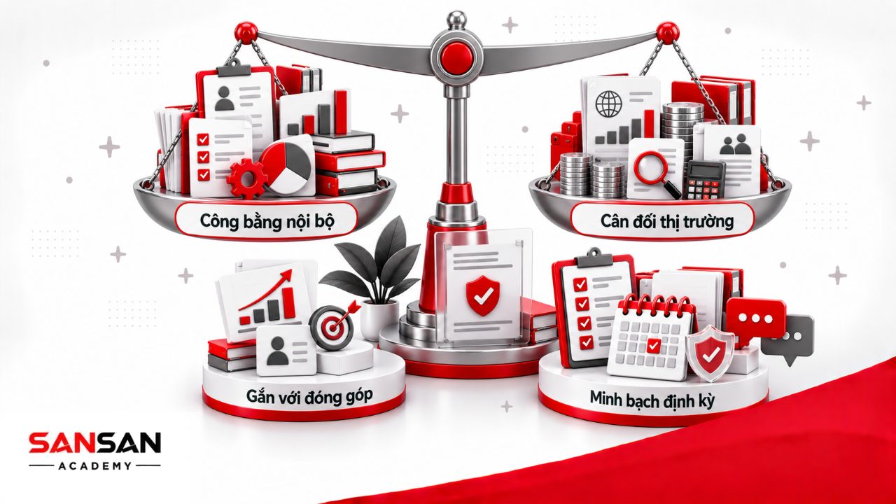 Nguyên tắc xây dựng chế độ đãi ngộ gồm công bằng nội bộ, tham chiếu thị trường, gắn với đóng góp, phù hợp nhu cầu và minh bạch.
