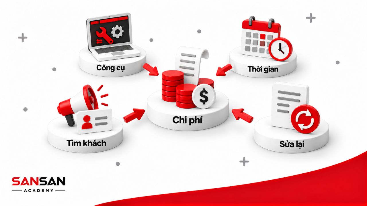 Chi phí công cụ, thời gian, tìm khách và sửa sản phẩm.