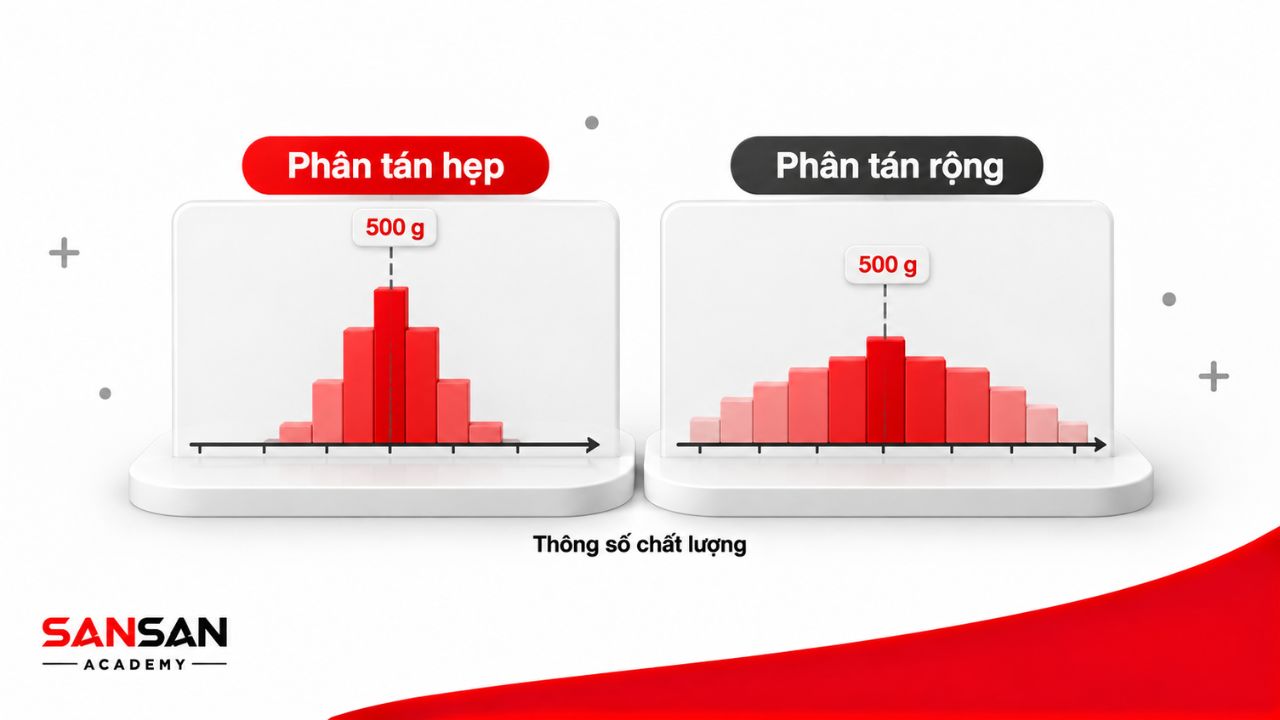 So sánh dữ liệu phân tán hẹp và rộng quanh cùng mức mục tiêu
