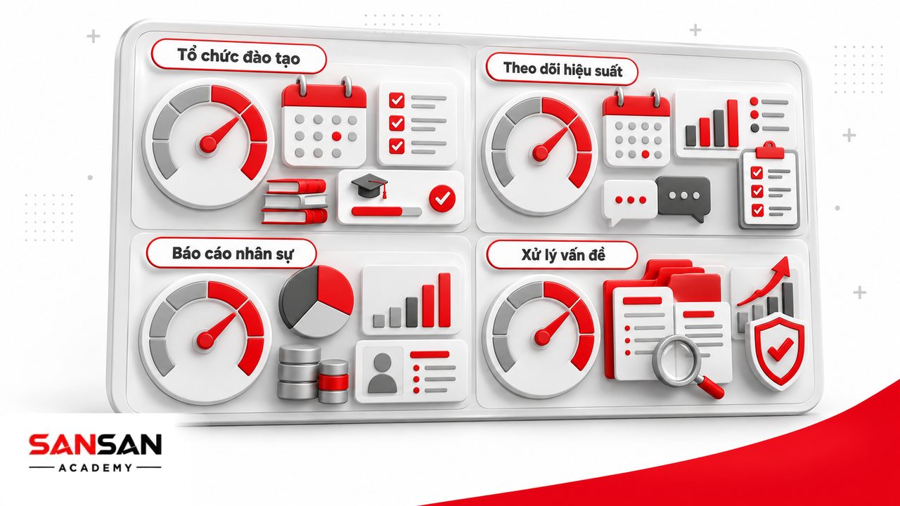 Nhiệm vụ phòng nhân sự về đào tạo, đánh giá hiệu suất, báo cáo dữ liệu và phối hợp xử lý các vấn đề nhân sự.