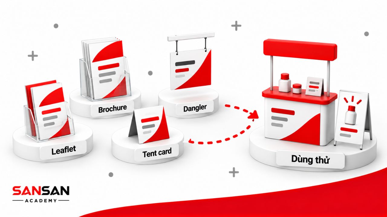 Leaflet, brochure, tent card và quầy dùng thử tại điểm bán