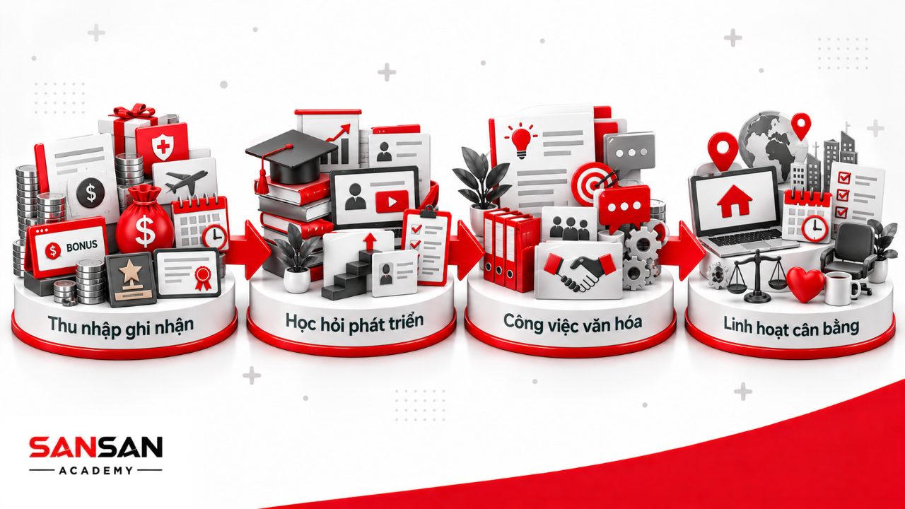 Các nhóm giá trị EVP gồm thu nhập phúc lợi, phát triển nghề nghiệp, công việc có ý nghĩa, văn hóa quan hệ và sự linh hoạt.