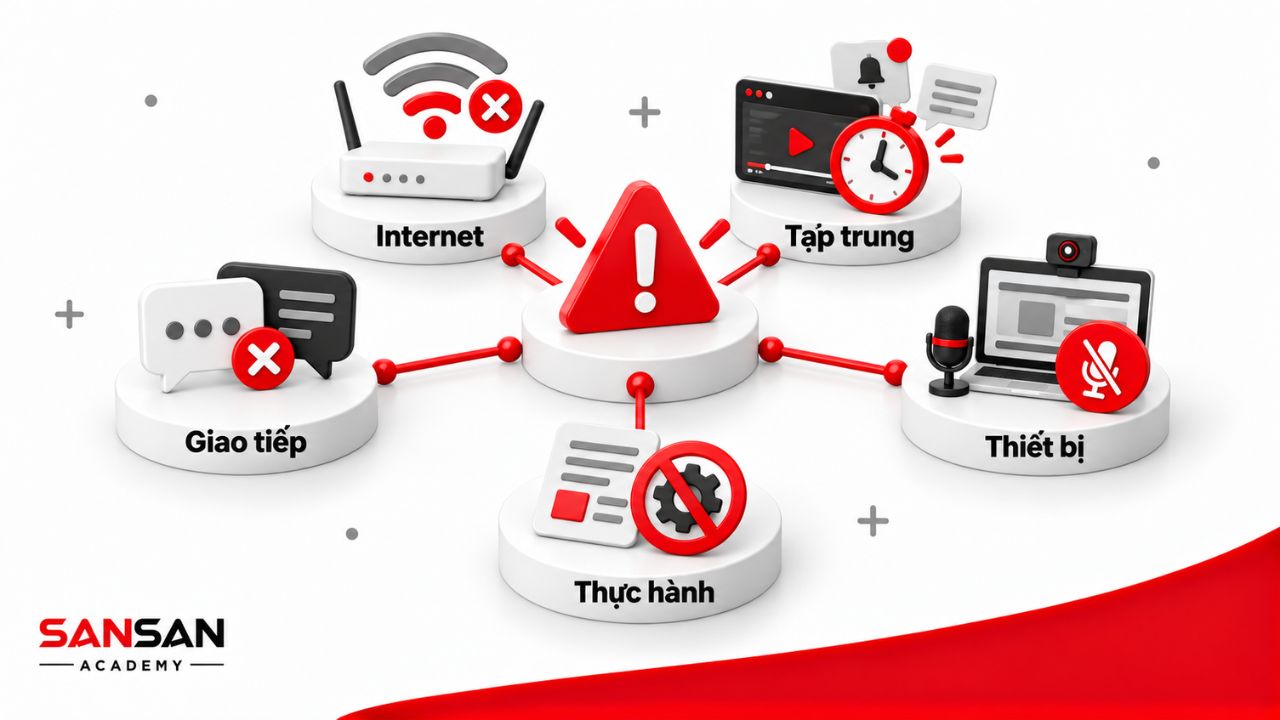Những hạn chế webinar về Internet, thiết bị, giao tiếp, tập trung và thực hành.