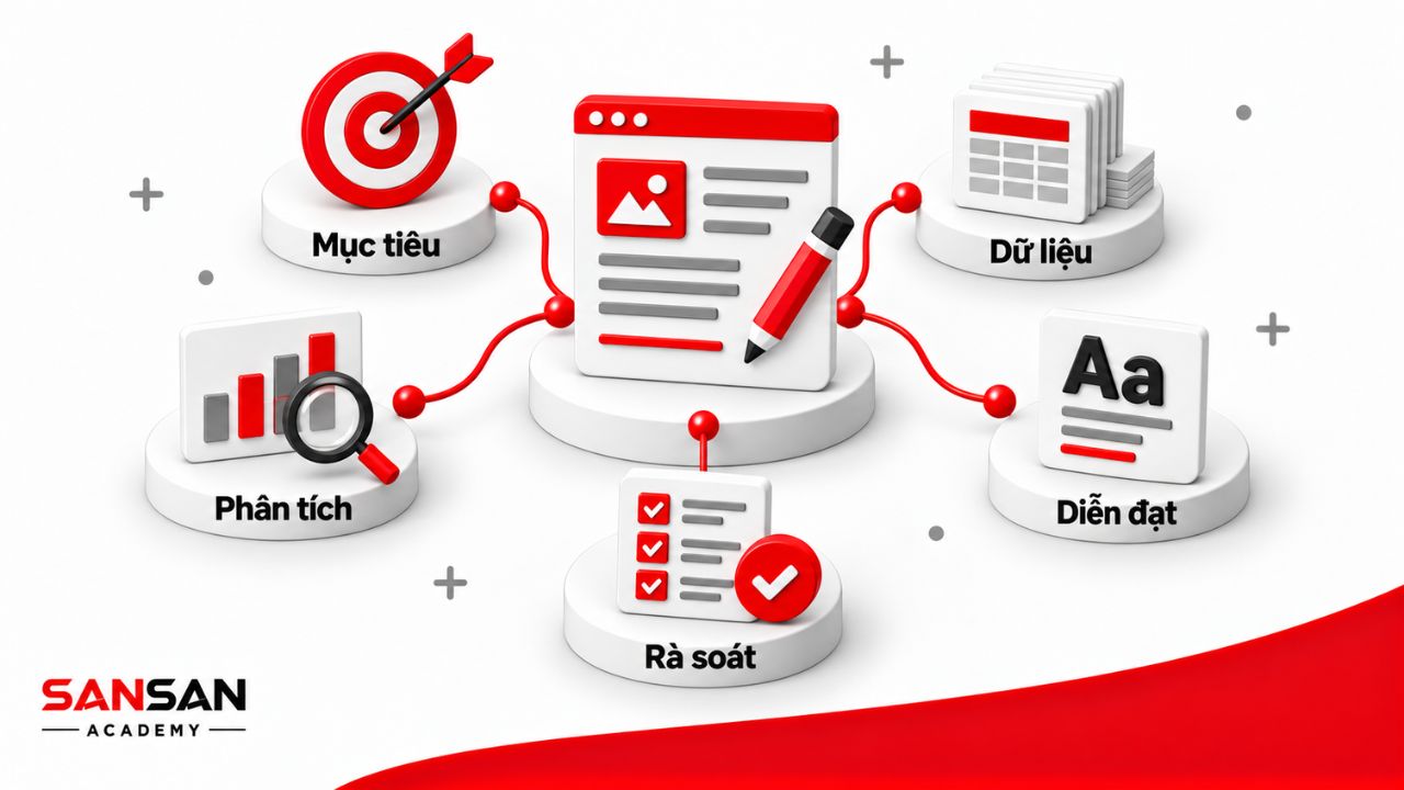 Năm yếu tố gồm mục tiêu, dữ liệu, phân tích, diễn đạt và rà soát.