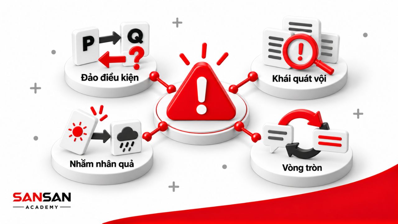Bốn lỗi lập luận gồm đảo điều kiện, khái quát và nhầm nhân quả