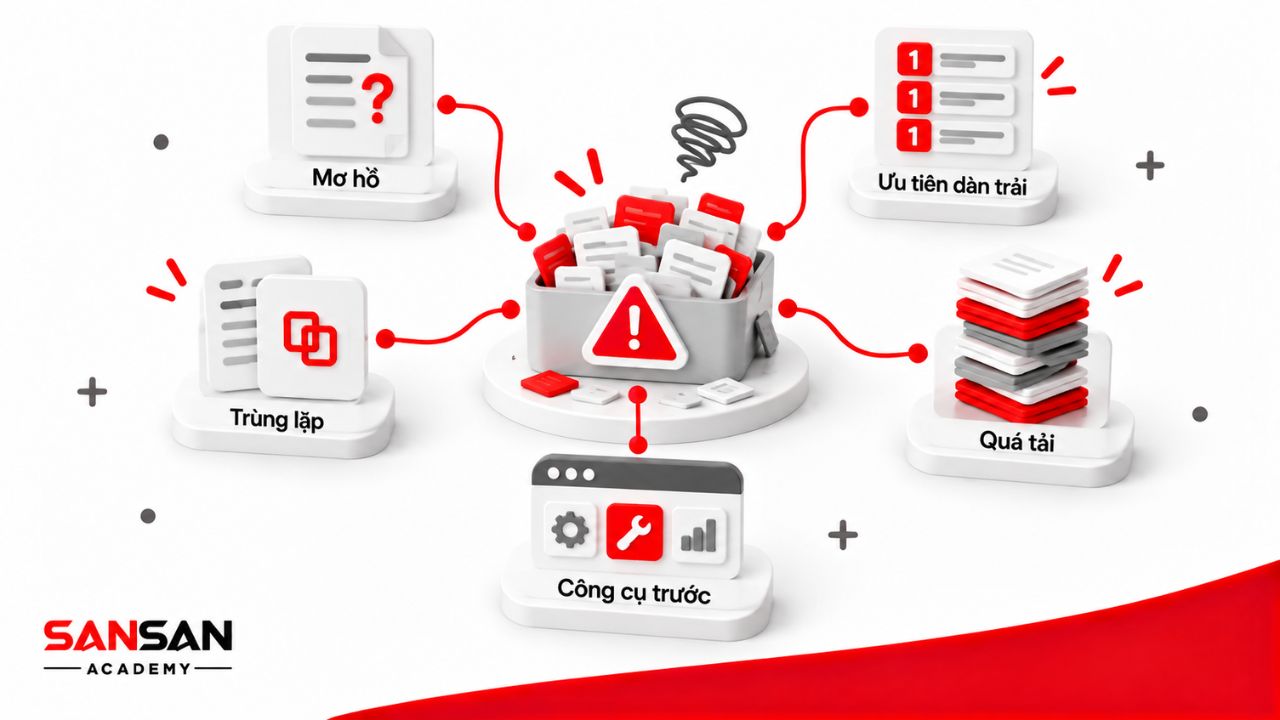 Backlog khó quản lý vì yêu cầu mơ hồ, trùng lặp và quá tải.