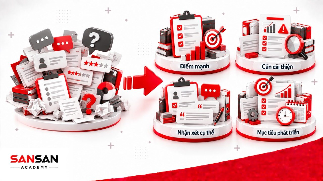 Bảng đánh giá nhân viên cần có điểm mạnh, nội dung cần cải thiện, nhận xét có bằng chứng và mục tiêu phát triển sau kỳ review.