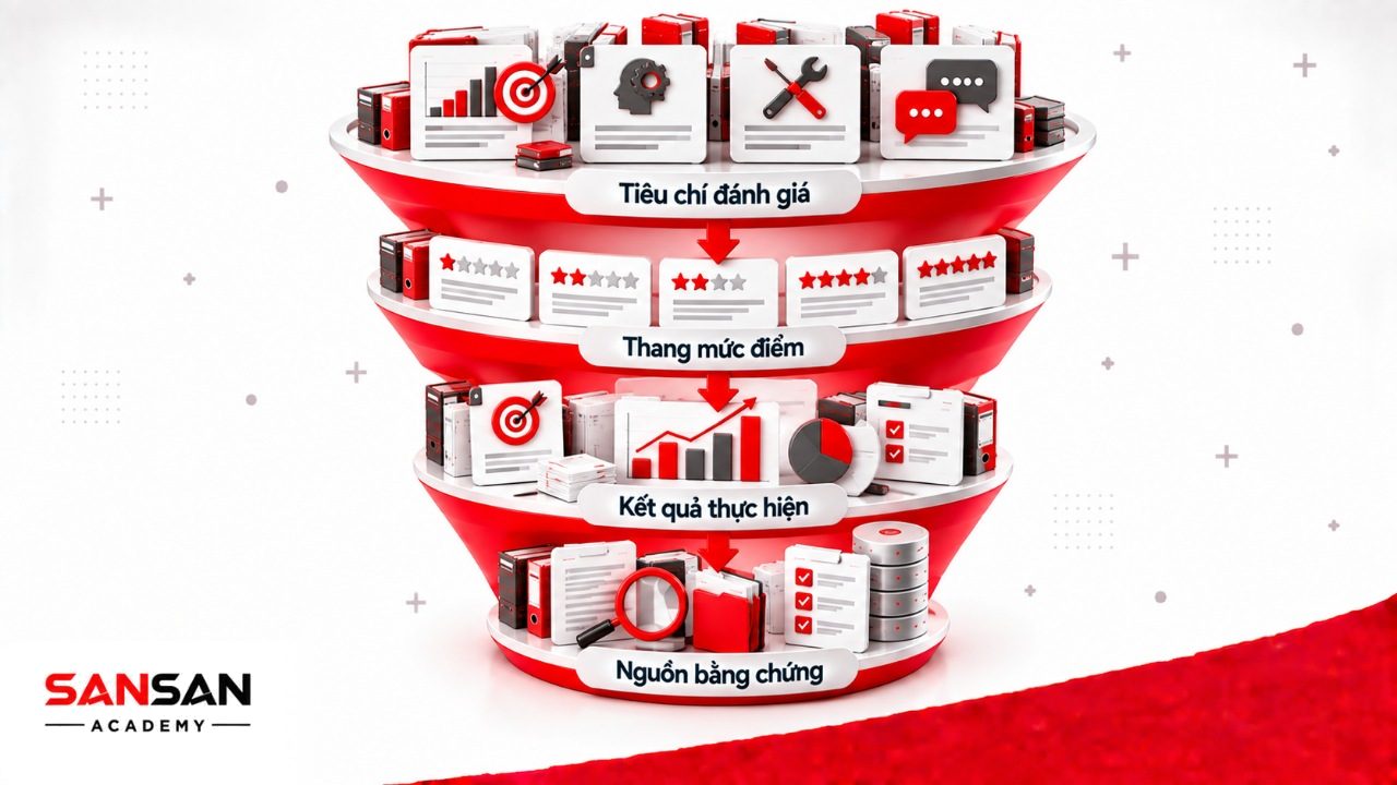 Nội dung bảng đánh giá nhân viên gồm tiêu chí, năng lực, thang điểm, kết quả công việc và nguồn bằng chứng kiểm tra được.