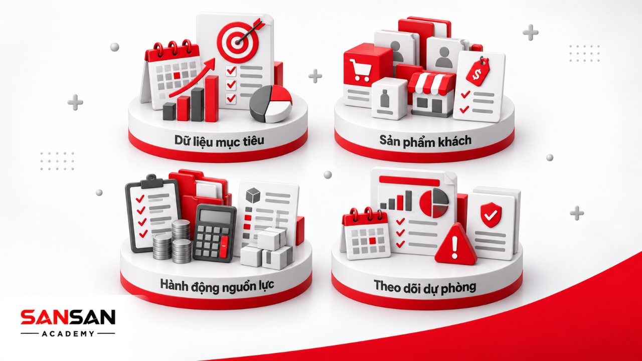 Nội dung kế hoạch bán hàng gồm dữ liệu nền, mục tiêu, khách hàng, sản phẩm, kênh bán, hành động, ngân sách, trách nhiệm và theo dõi.