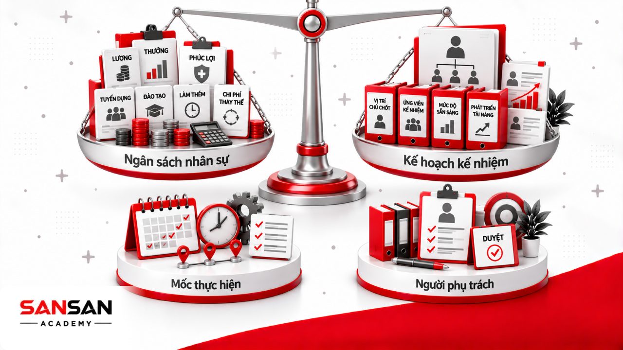 Kế hoạch nhân sự cần có ngân sách, kế nhiệm, mục tiêu, thời gian và người phụ trách cho từng hoạt động.