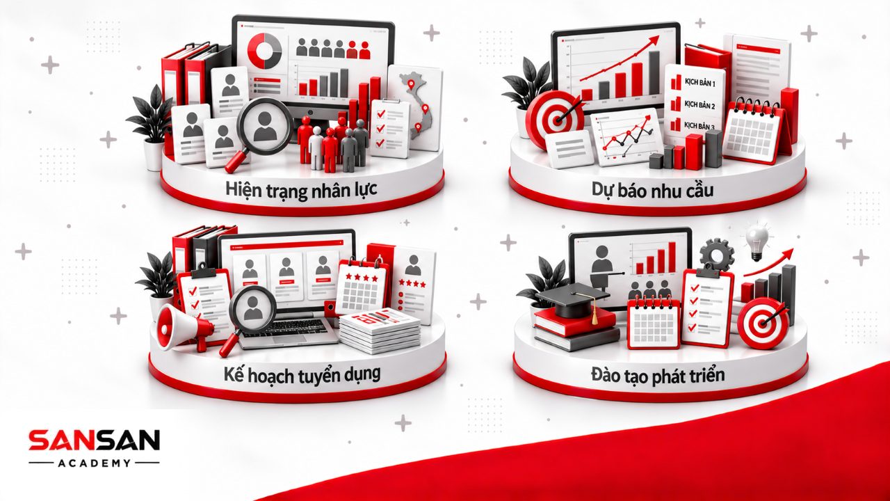 Nội dung kế hoạch nhân sự gồm hiện trạng nguồn nhân lực, dự báo định biên, tuyển dụng và đào tạo phát triển.