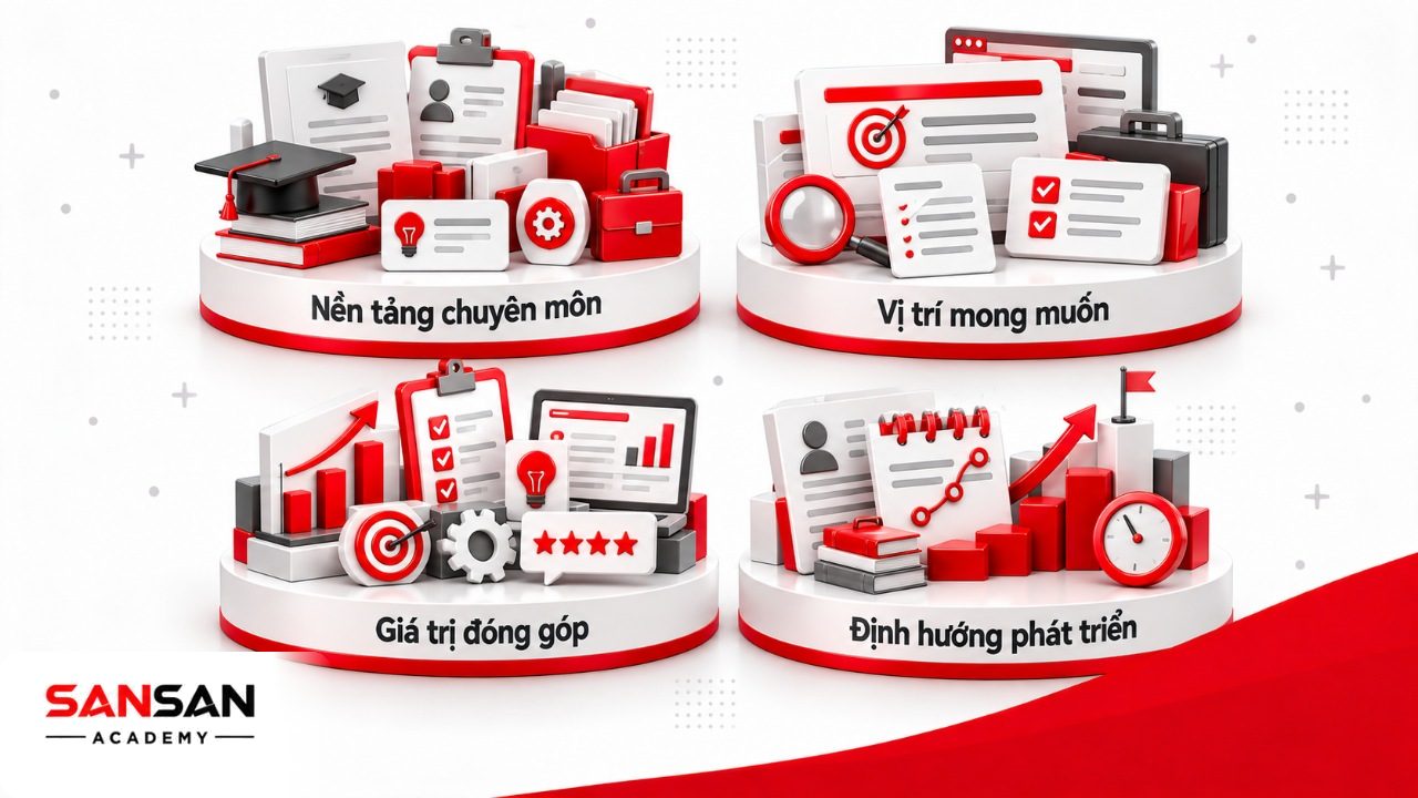 Nội dung mục tiêu nghề nghiệp gồm nền tảng chuyên môn, vị trí mong muốn, giá trị đóng góp và định hướng ngắn hạn dài hạn.