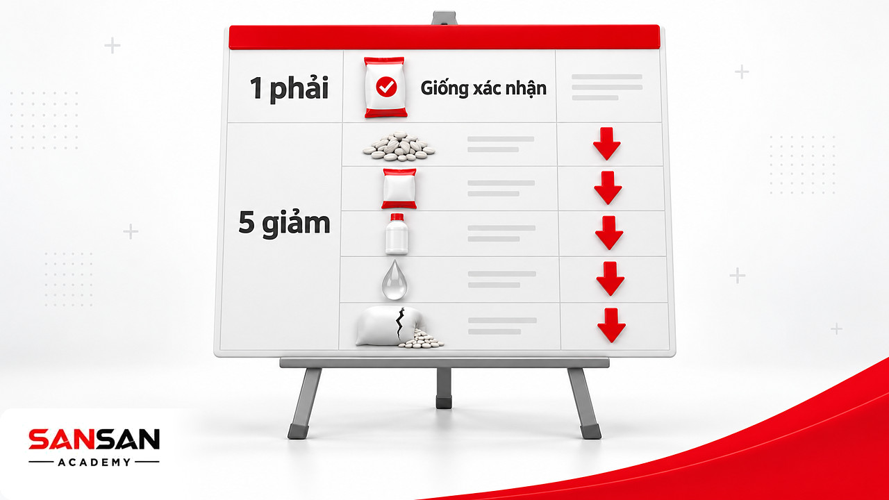 Bảng một dòng giống xác nhận và năm dòng giảm có mũi tên đỏ, minh họa gói kỹ thuật lúa trong nông nghiệp xanh