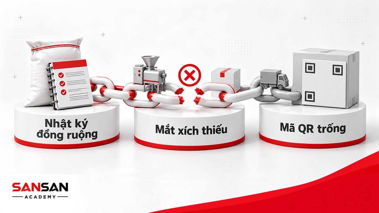 Chuỗi mắt xích từ bao lúa tới hộp hàng bị đứt đỏ khiến mã QR trống, minh họa truy xuất trong nông nghiệp xanh
