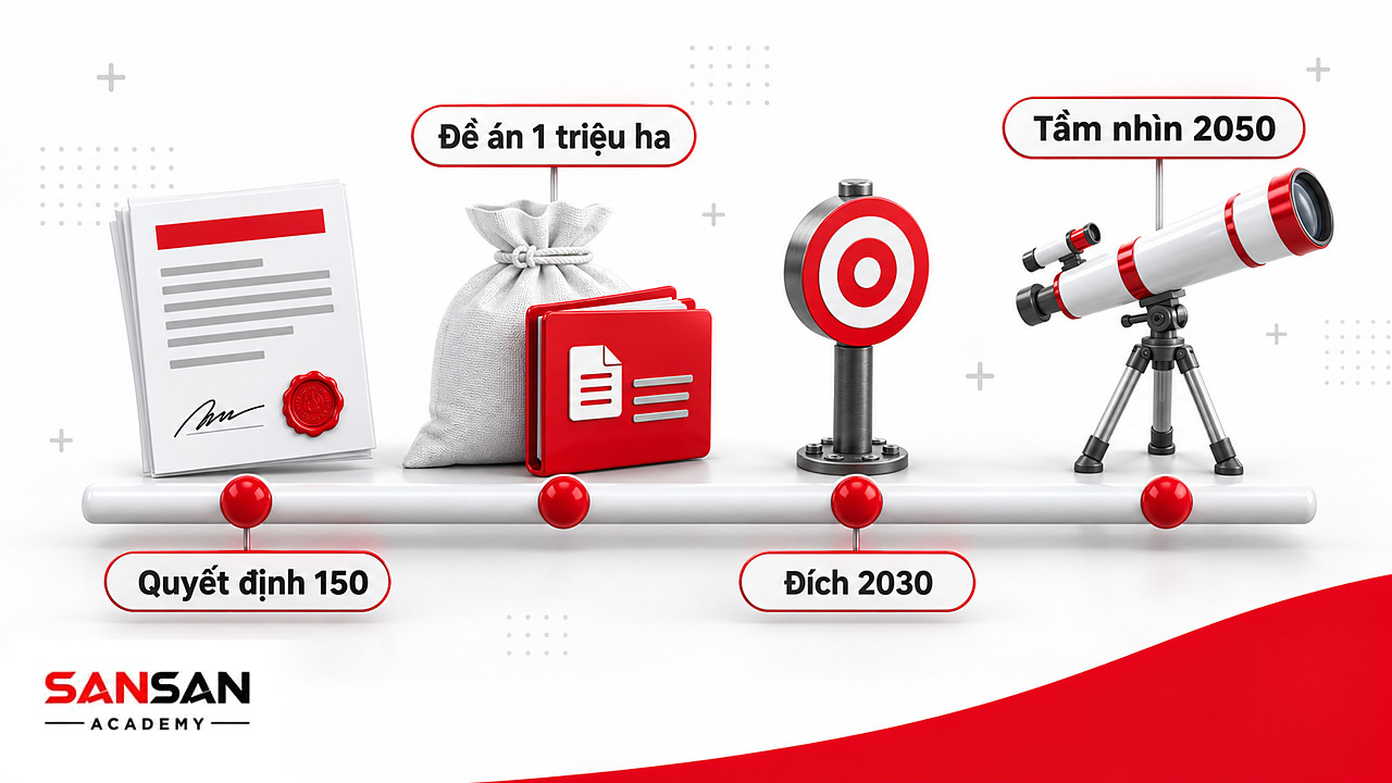 Dòng thời gian với văn bản quyết định, đề án lúa, mốc 2030 và tầm nhìn 2050 cho nông nghiệp xanh Việt Nam