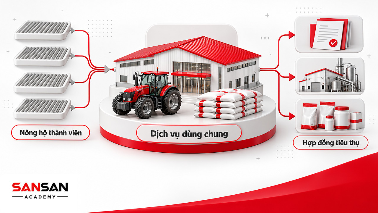 Hợp tác xã ở giữa gom các thửa ruộng, máy móc dùng chung và nối tới nhà máy, mô hình liên kết nông nghiệp xanh