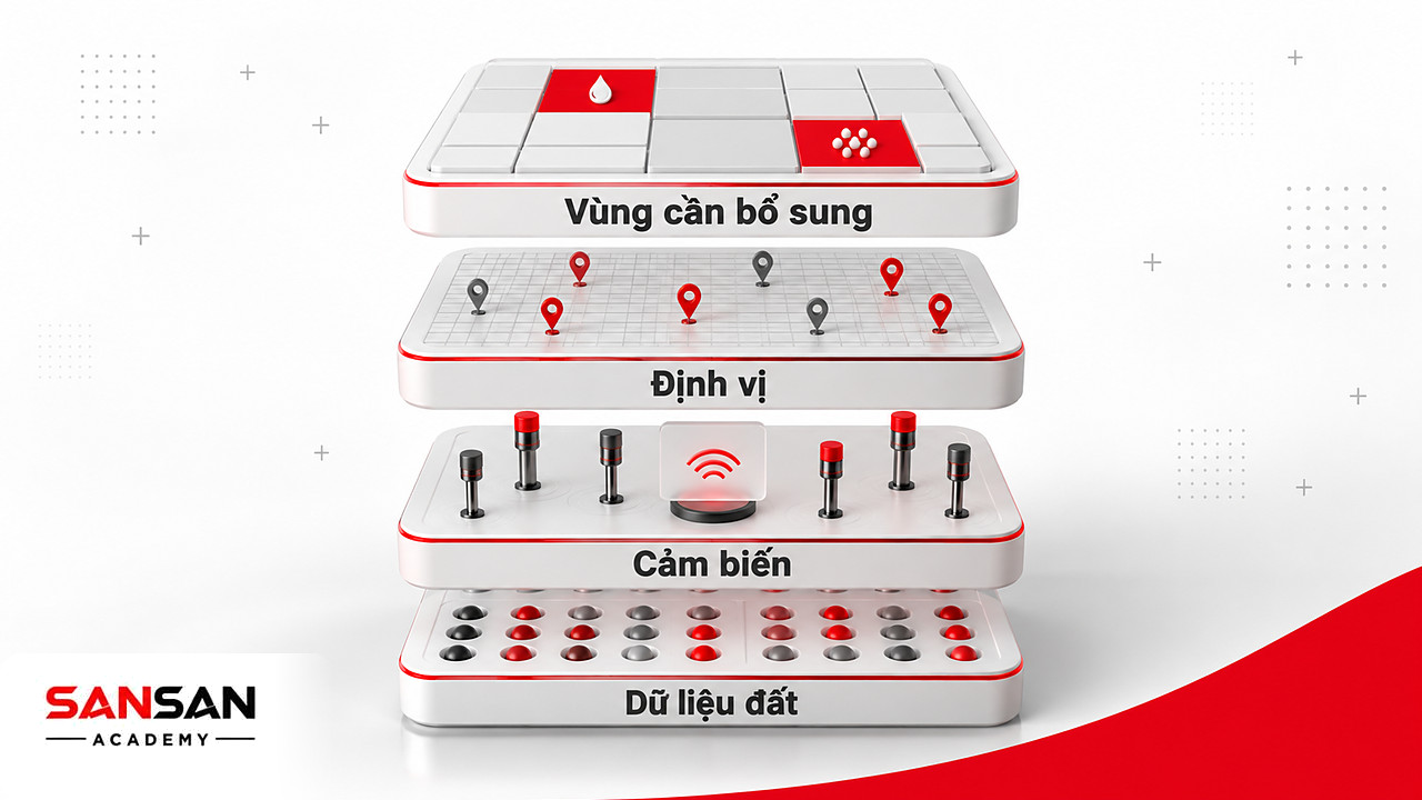Bốn lớp dữ liệu đất, cảm biến, định vị và vùng cần bổ sung chồng trên khay ruộng trong nông nghiệp xanh