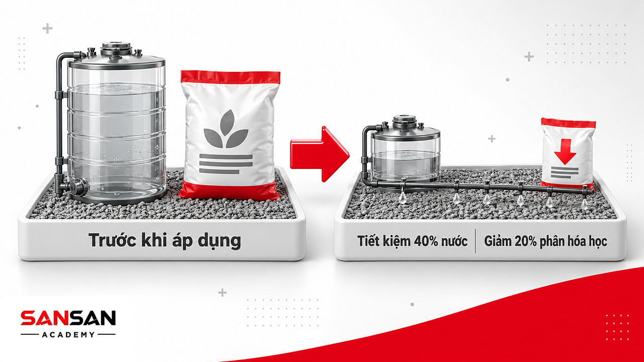 Hai khay ruộng trước và sau, bồn nước và bao phân nhỏ lại, cho thấy nông nghiệp xanh tiết kiệm tài nguyên