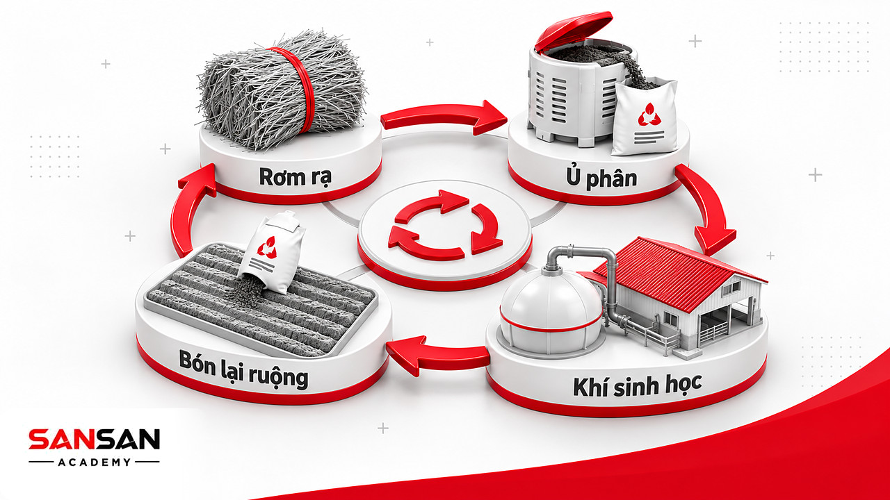 Vòng tròn rơm rạ, thùng ủ phân, bao phân và hầm khí sinh học minh họa nông nghiệp xanh theo hướng tuần hoàn