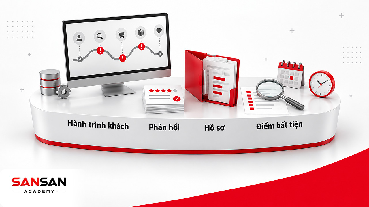 Bàn làm việc có bản đồ hành trình khách hàng, thẻ phản hồi và danh sách bất tiện để áp dụng Omotenashi