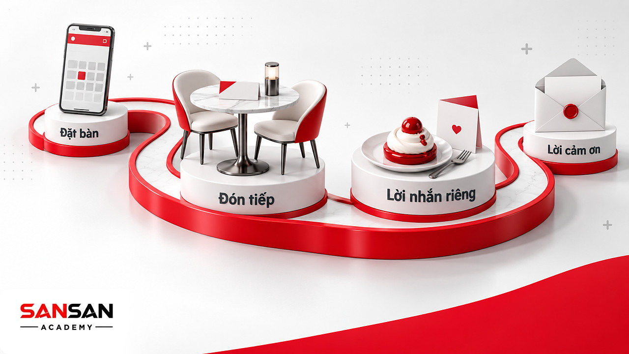 Đường đi bốn cột mốc từ đặt bàn, đón tiếp, món tráng miệng có lời nhắn riêng đến thư cảm ơn theo Omotenashi