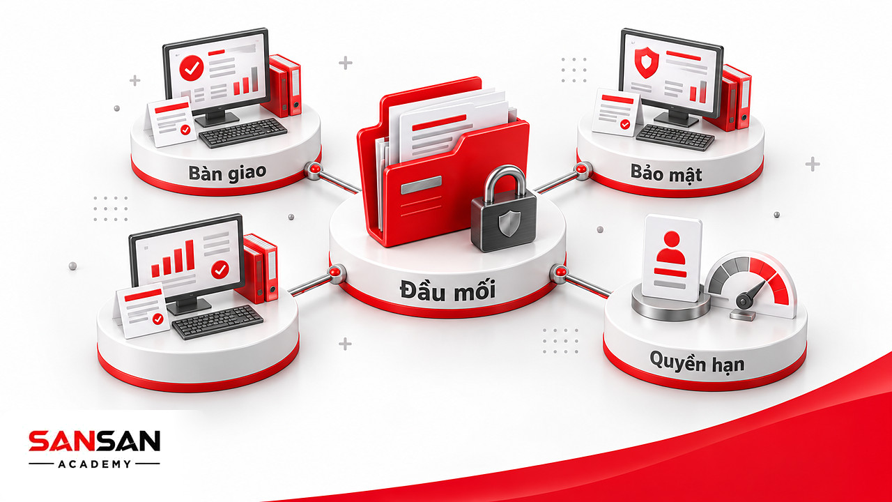 Hồ sơ yêu cầu đỏ ở tâm nối các bộ phận và thẻ quyền hạn, minh họa trao quyền khi áp dụng Omotenashi