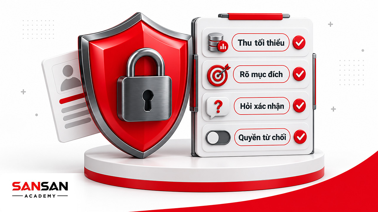 Khiên đỏ bảo vệ hồ sơ khách hàng cạnh danh sách kiểm tra quyền riêng tư khi cá nhân hóa theo Omotenashi