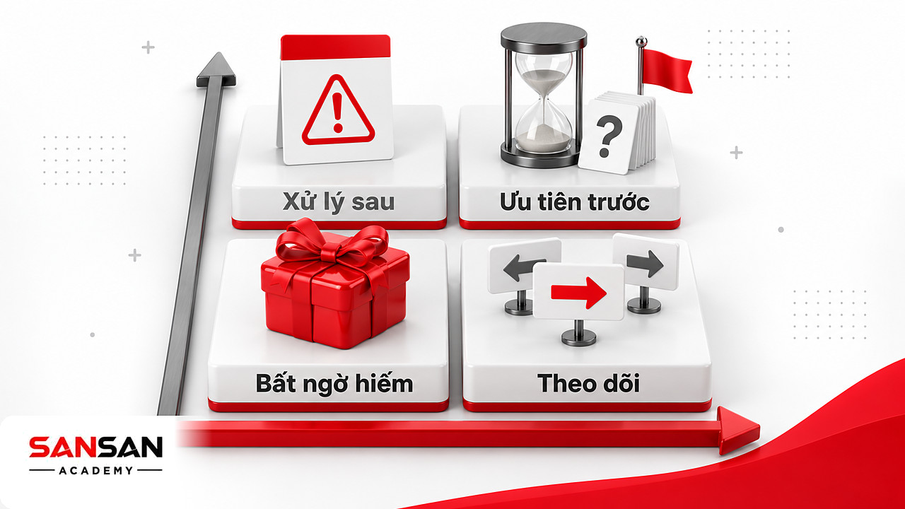 Ma trận 2×2 xếp chi tiết trải nghiệm theo mức ảnh hưởng và tần suất để chọn việc làm trước theo Omotenashi