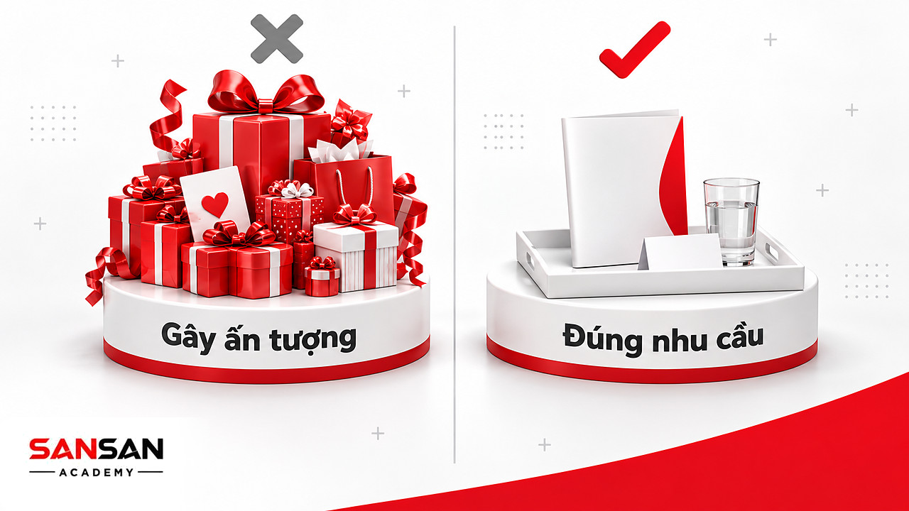So sánh đống quà đỏ phô trương với khay phục vụ đúng thứ khách cần, thể hiện sai lầm khi hiểu Omotenashi