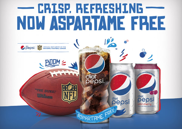 Quảng cáo Diet Pepsi kết hợp hình ảnh bóng bầu dục NFL và thông điệp sản phẩm không chứa aspartame