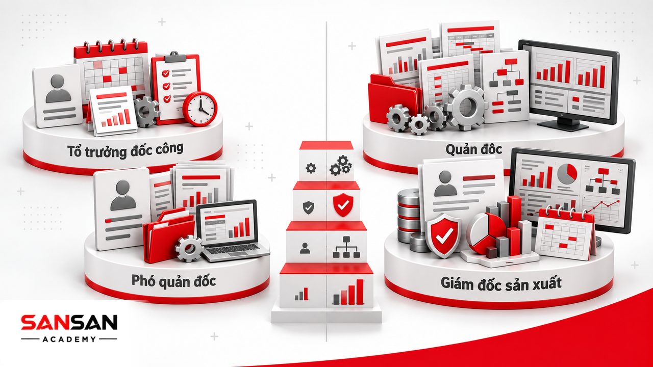 Phân biệt quản đốc với tổ trưởng, đốc công, phó quản đốc và giám đốc sản xuất theo phạm vi quản lý và quyền hạn.