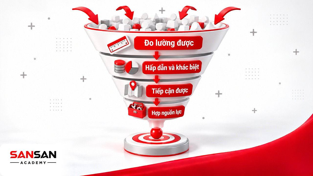 Phễu bốn tầng lọc phân khúc thị trường theo đo lường, hấp dẫn, tiếp cận và nguồn lực