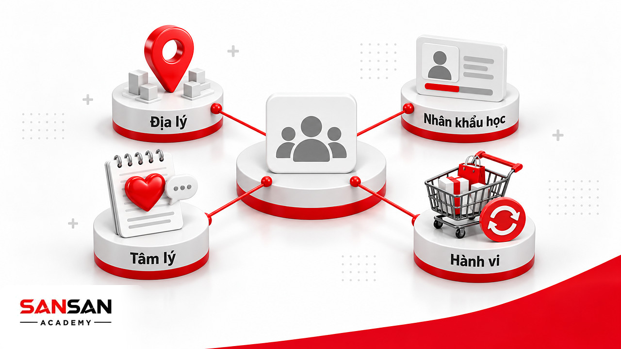 Sơ đồ tư duy bốn tiêu thức phân khúc thị trường: địa lý, nhân khẩu học, tâm lý và hành vi