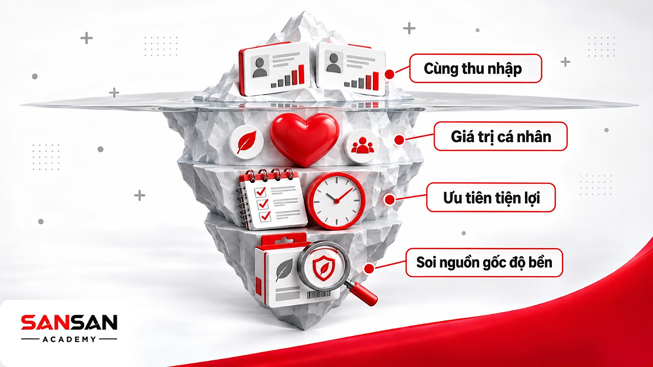 Tảng băng phân khúc thị trường theo tâm lý: thu nhập nổi trên mặt, giá trị và lối sống chìm bên dưới