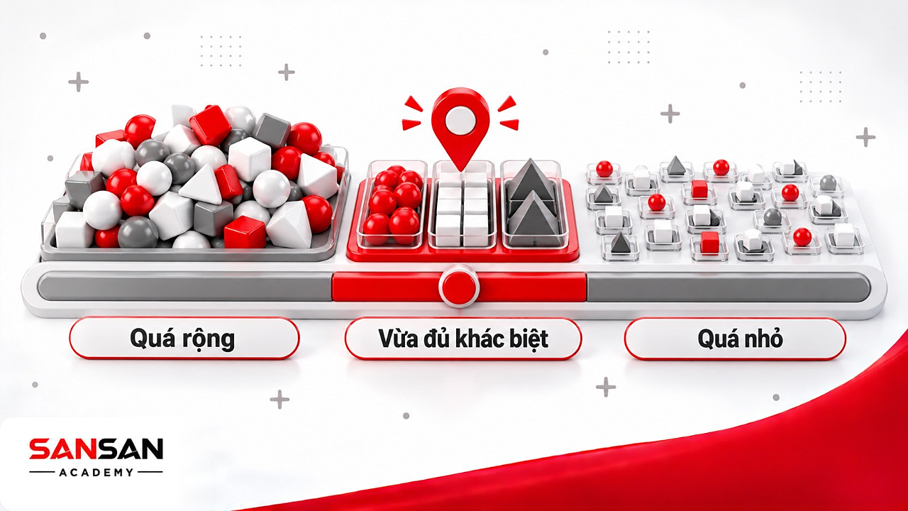 Thanh thang đo mức chia phân khúc thị trường từ quá rộng, vừa đủ tới quá nhỏ