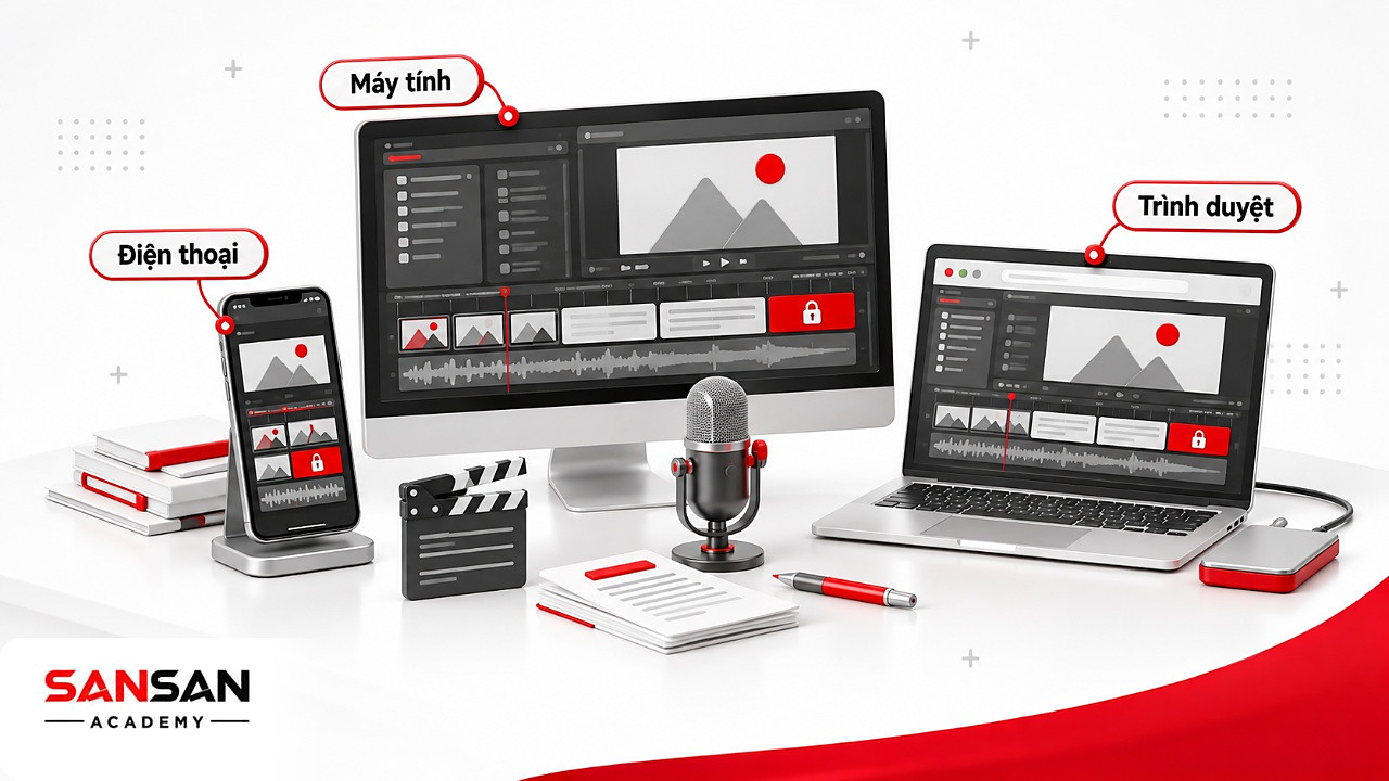 Bàn làm việc với màn hình, điện thoại và trình duyệt cùng mở dự án dựng video có phụ đề bằng phần mềm AI