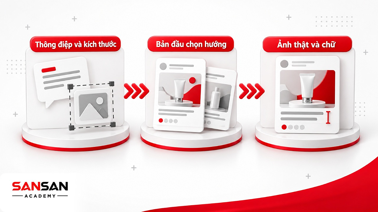 Ba chặng thiết kế bài đăng bằng phần mềm AI: chuẩn bị thông điệp, chọn hướng từ bản đầu, đưa ảnh thật và chỉnh chữ