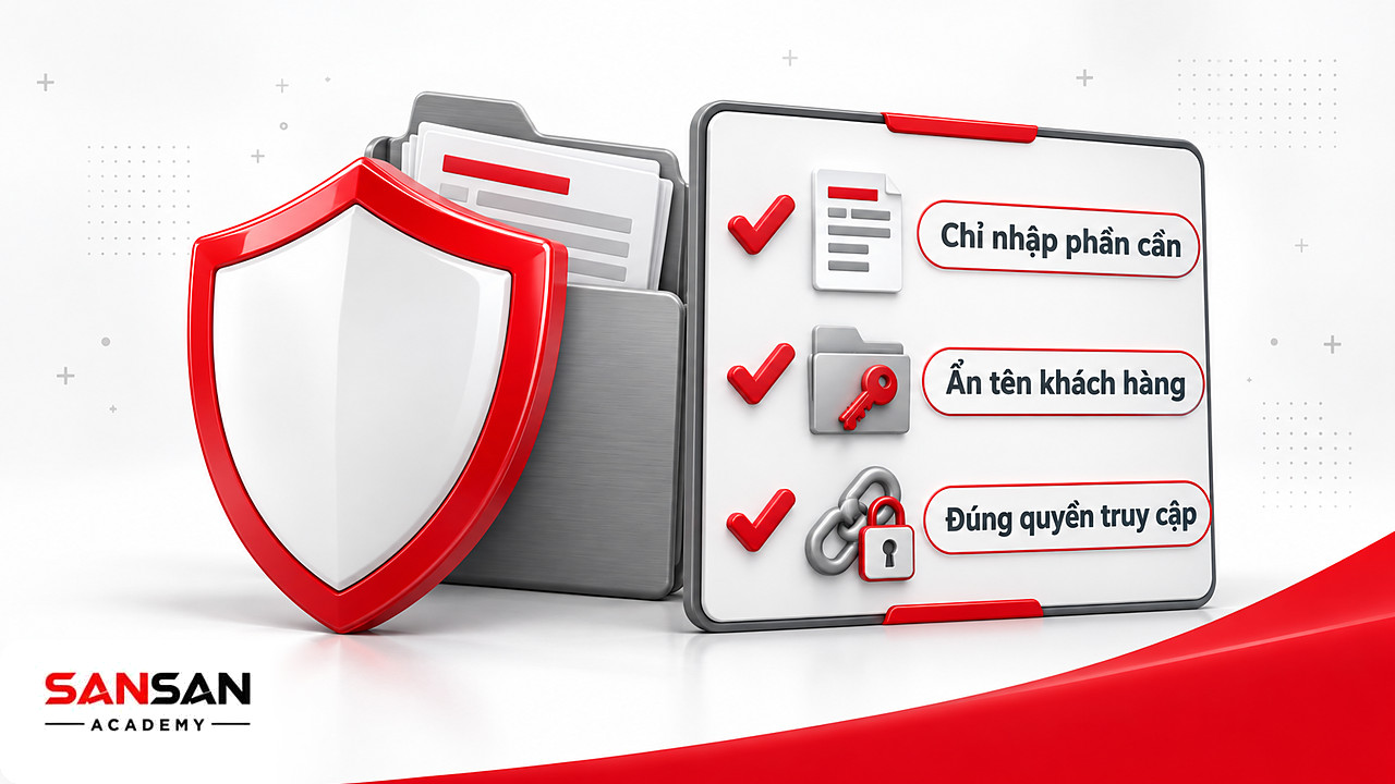 Khiên và danh sách kiểm tra dữ liệu khi dùng phần mềm AI: chỉ nhập phần cần, ẩn tên khách, đúng quyền truy cập