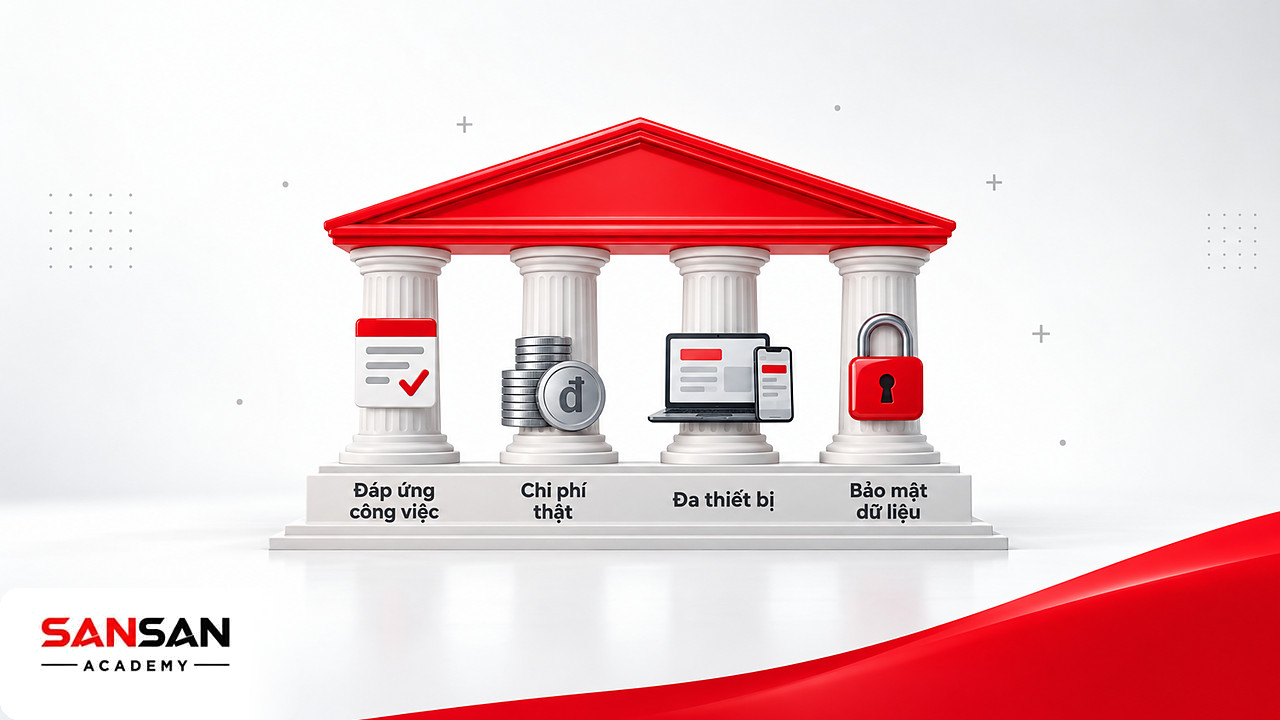 Ngôi đền bốn trụ chọn phần mềm AI: đáp ứng công việc, chi phí thật, dùng đa thiết bị và bảo mật dữ liệu
