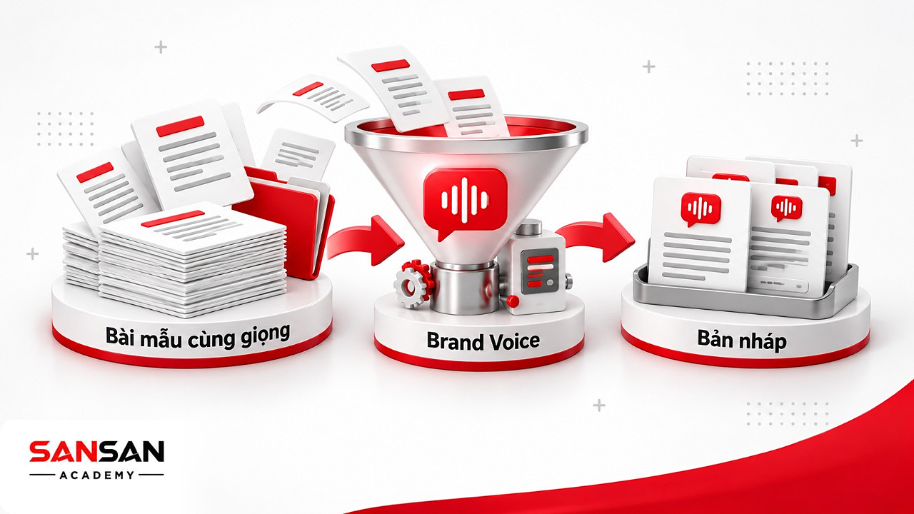 Phễu biến đổi của phần mềm AI viết: bài mẫu cùng giọng đi qua Brand Voice ra các bản nháp đồng nhất
