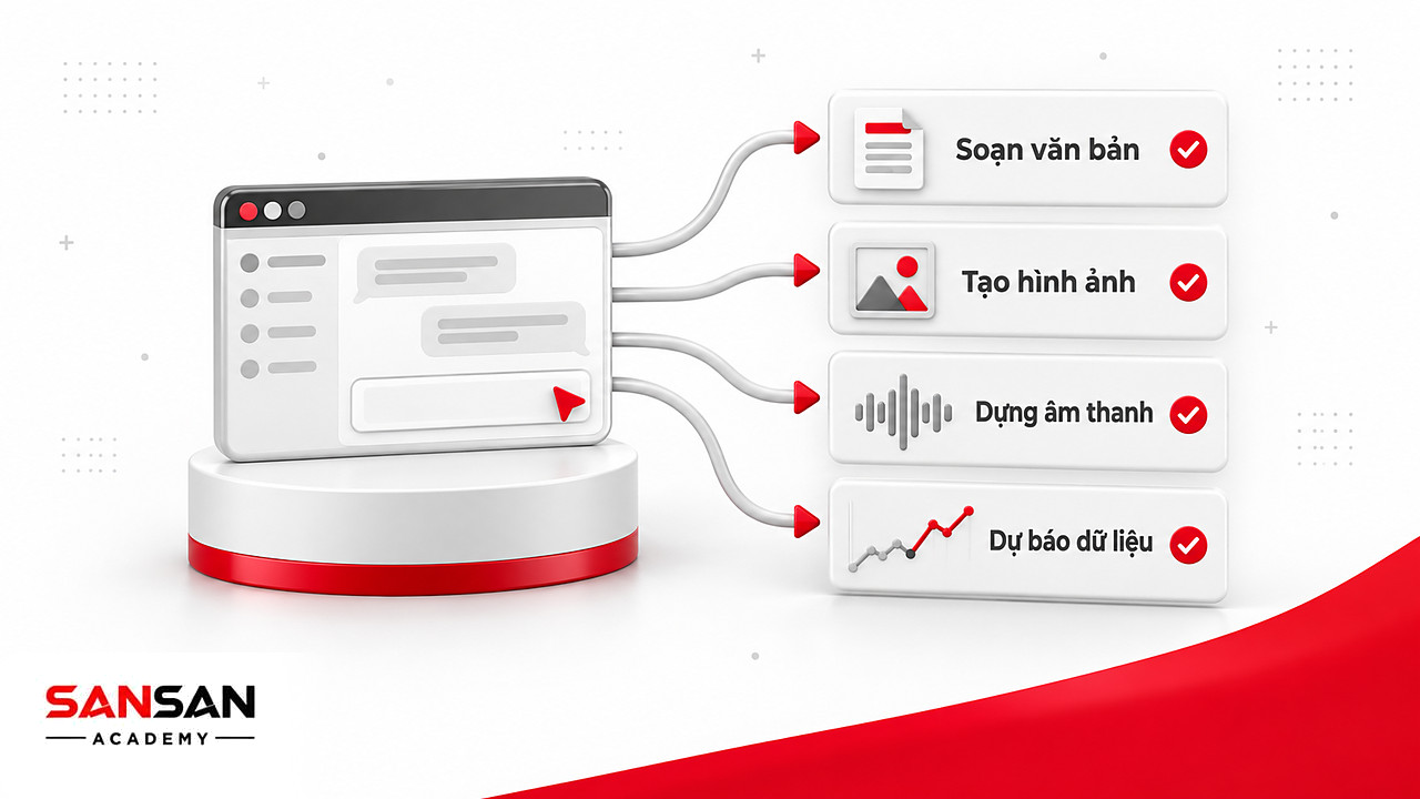 Một cửa sổ phần mềm AI tỏa nhánh ra văn bản, hình ảnh, âm thanh và biểu đồ dự báo, mỗi nhánh có dấu tích đỏ