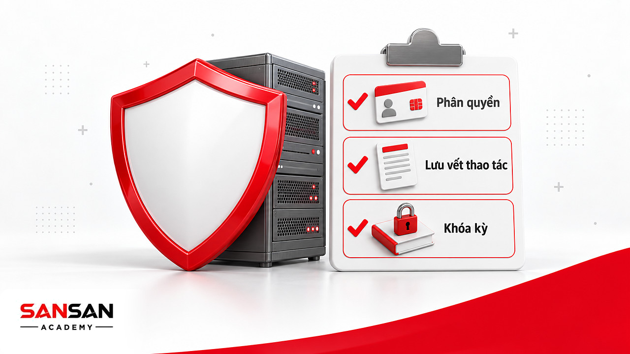 Khiên bảo vệ dữ liệu cùng danh sách phân quyền, lưu vết thao tác và khóa kỳ trên phần mềm kế toán