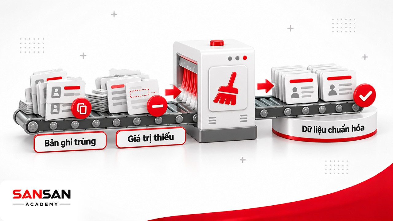Băng chuyền làm sạch bản ghi trùng, giá trị thiếu thành dữ liệu chuẩn hóa trước khi phân tích dữ liệu