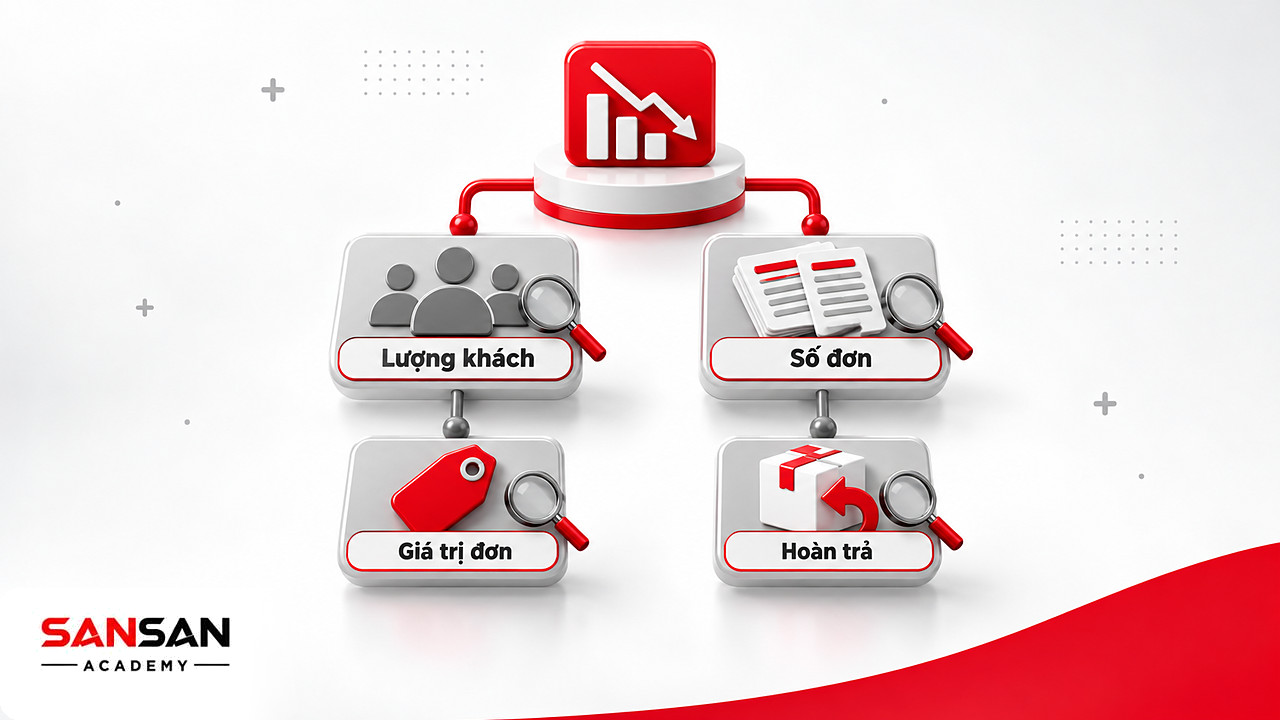 Cây chia doanh thu giảm thành bốn nhánh lượng khách, số đơn, giá trị đơn và hoàn trả để phân tích dữ liệu