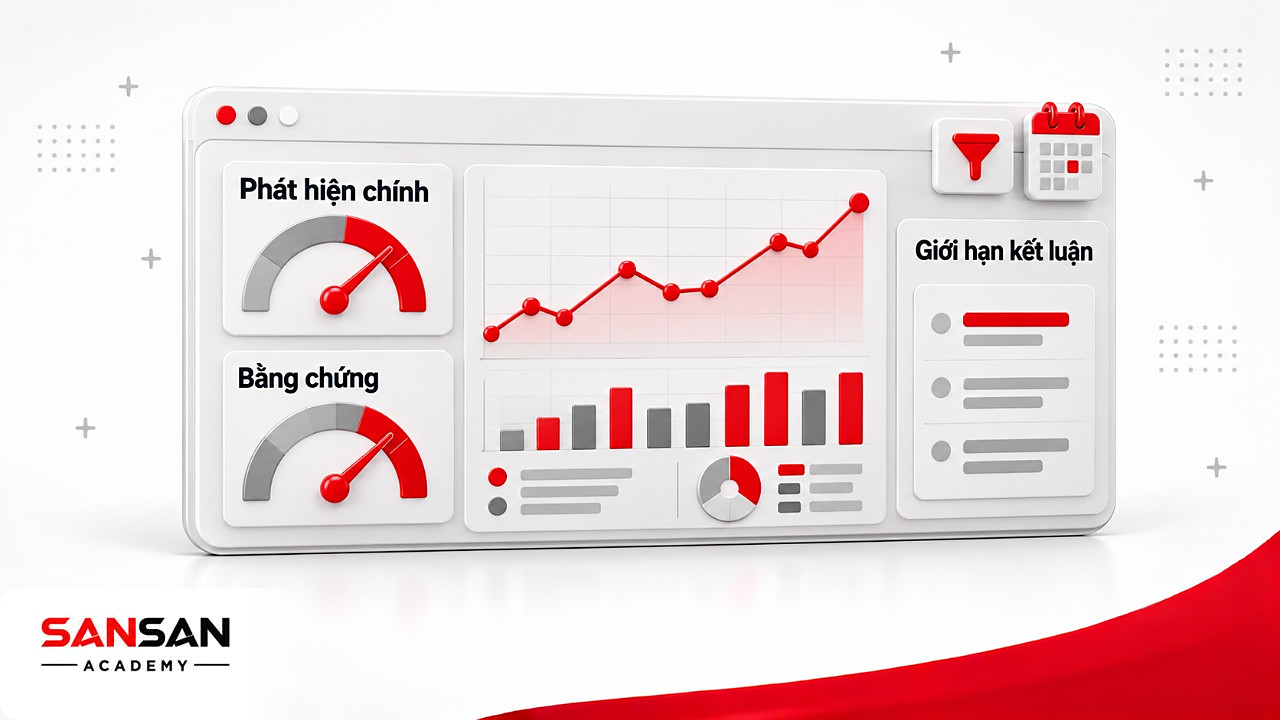 Bảng điều khiển với biểu đồ, đồng hồ đo và ghi chú giải thích kết quả phân tích dữ liệu