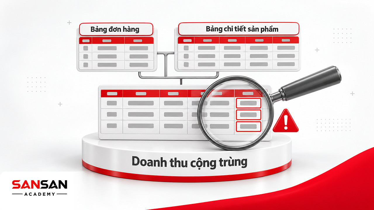 Kính lúp soi lỗi cộng trùng doanh thu khi nối bảng đơn hàng với bảng chi tiết sản phẩm trong phân tích dữ liệu