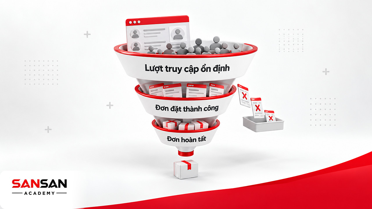 Phễu ba tầng tách lượt truy cập, đơn đặt thành công và đơn hoàn tất khi phân tích dữ liệu doanh thu giảm