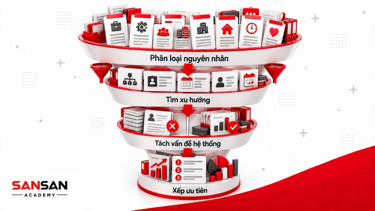 Phân tích Exit Interview bằng phân loại nguyên nhân, tìm xu hướng lặp lại, phân biệt vấn đề cá nhân và hệ thống rồi xác định ưu tiên cải thiện.